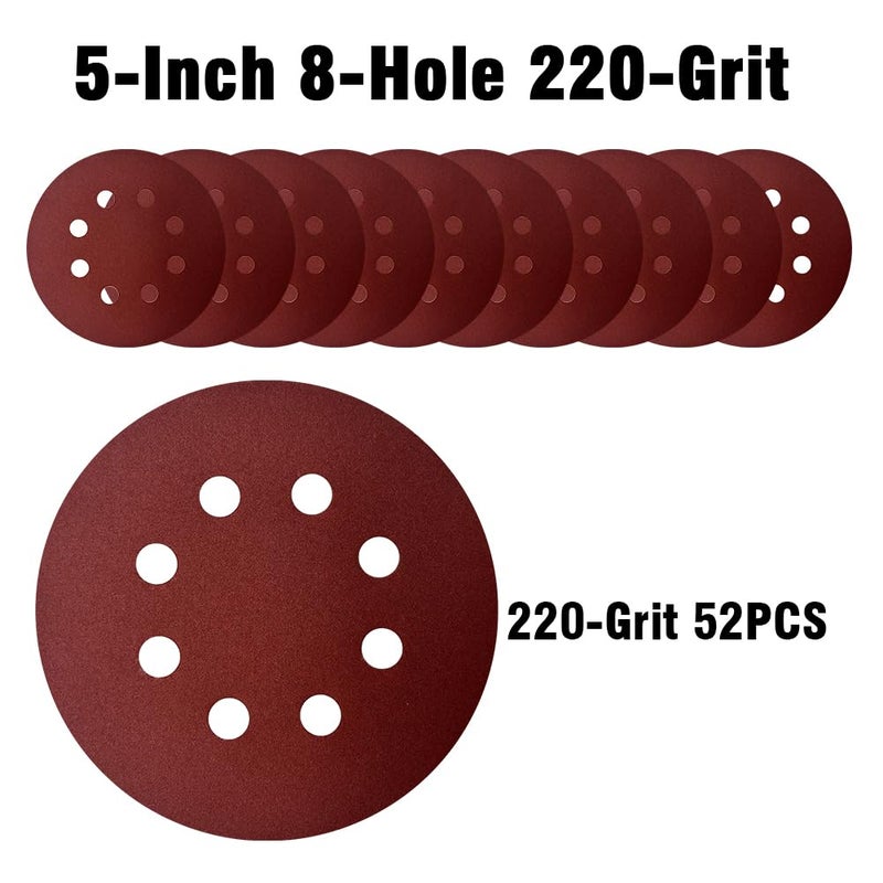 OUKEYA 5 Inch 8-Hole Hook and Loop Sanding Discs Sandpaper Red Round 220 Grits Sandpaper for Random Orbital Sander (220 Grit 52-Pack) - Image 4